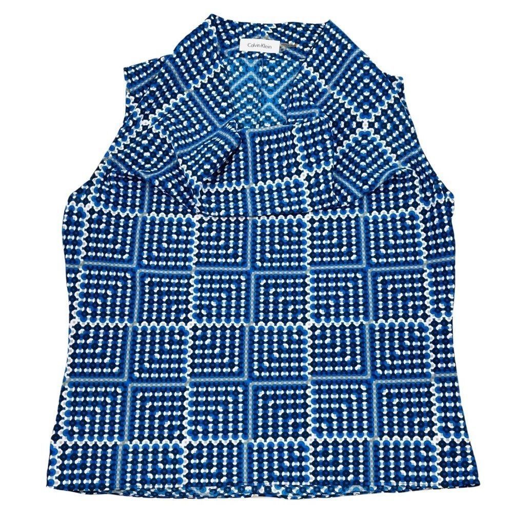 Calvin Klein Sleeveless Shell Top Blouse Cowl Neck Blue Gray Geometric Pattern M